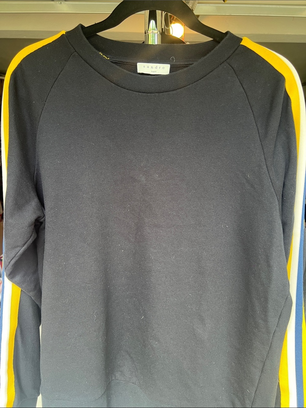 Sandro Men’s Black Crewneck Sweater with Yellow Side Stripes